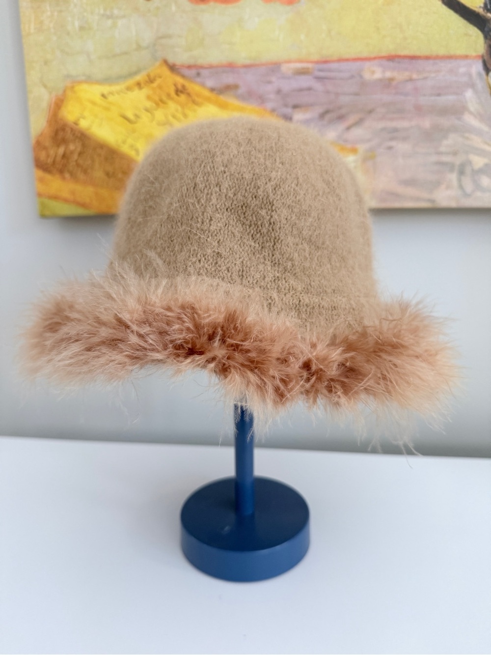 Angora Bucket Hat with Feather Trim